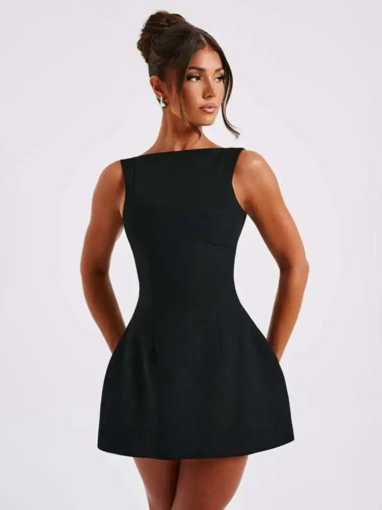 Elegant Backless Mini Tank Dress For Women Fashion Black O Neck Sleeveless Club Party A-line Basics Sexy Dress New