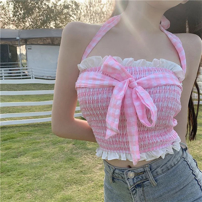 2000s Girls Clothes Women Plaid Ruffle Sleeveless Backless Halter Neck Crop Top Fairycore Tee y2k Clothing Streetwear