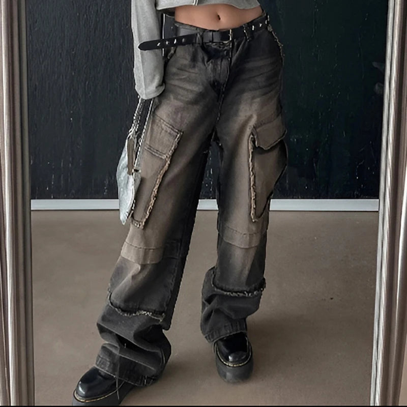 Vintage Y2K Grunge Gradient Cargo Jeans Female Baggy Streetwear