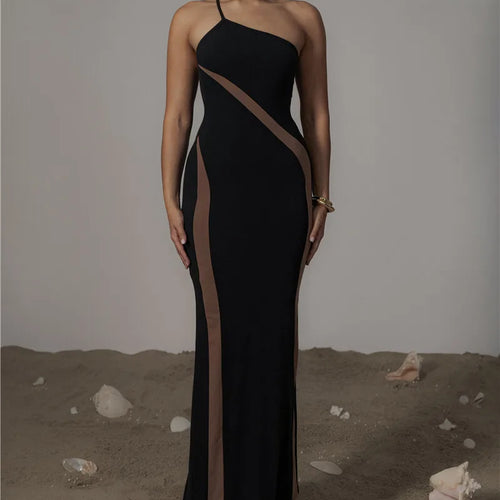 Load image into Gallery viewer, Patchwork One Shoulder Sexy Maxi Dress For Women Black Off-shoulder Backless Bodycon Club Party Evening Long Dress
