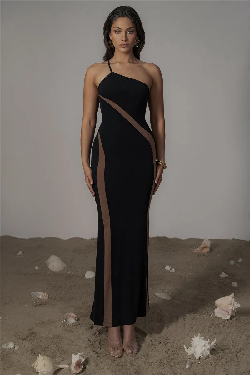 Patchwork One Shoulder Sexy Maxi Dress For Women Black Off-shoulder Backless Bodycon Club Party Evening Long Dress