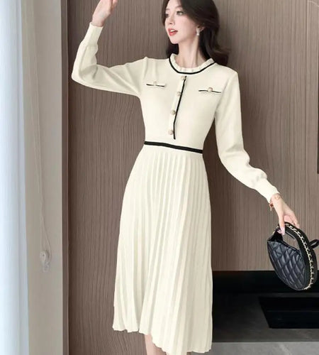 Autumn Winter Fashion Patchwork Long Sleeves Button Knitted Dresses Women's Elegant Round Neck Office Pleated Midi Dress Popular