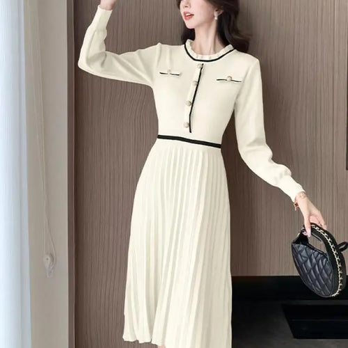 Load image into Gallery viewer, Autumn Winter Fashion Patchwork Long Sleeves Button Knitted Dresses Women's Elegant Round Neck Office Pleated Midi Dress Popular
