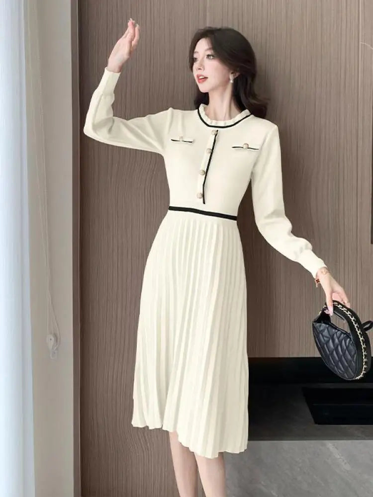 Autumn Winter Fashion Patchwork Long Sleeves Button Knitted Dresses Women's Elegant Round Neck Office Pleated Midi Dress Popular