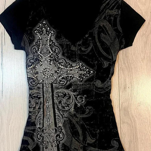 Load image into Gallery viewer, Summer Bottoming Crop Tops Y2k Aesthetic Tie-dye Print Women Grunge T-shirts 2025 Vintage Slim Harajuku Causal Black Tshirts
