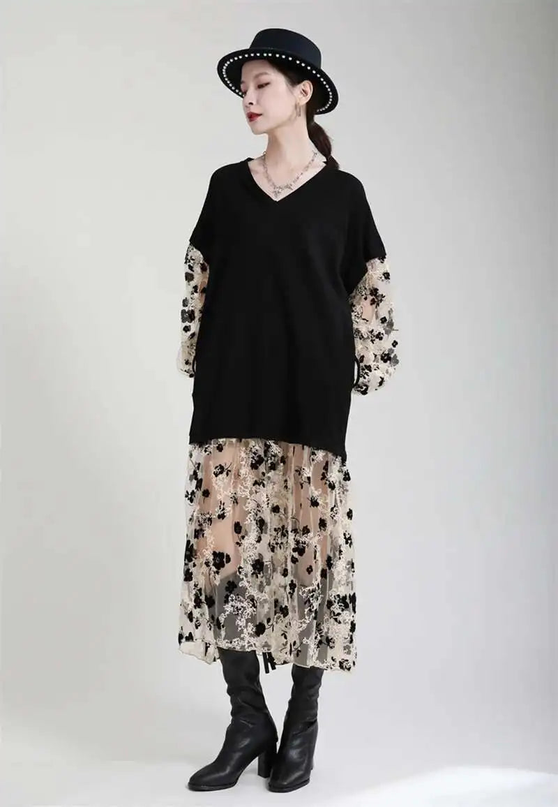 Women Pattern Printed Perspective Big Size Dress New V-Neck Long Sleeve Loose Fit Fashion Tide Spring Autumn 2025 1DE3176