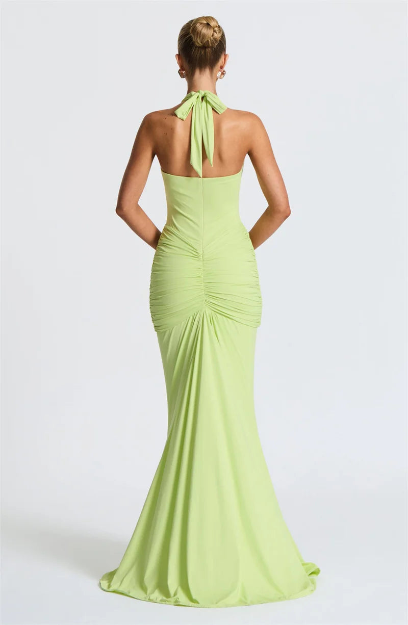 Deep V Neck Backless Ruched Sexy Maxi Dress Women Gown Summer Halter Sleeveless Draped Club Party Long Dress 2025