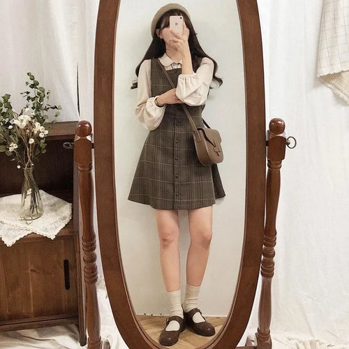 Load image into Gallery viewer, Soft Girl Kawaii Mini Dress Women Vintage Plaid Japanese Style Design Retro Button Short Dresses Casual Korean Chic
