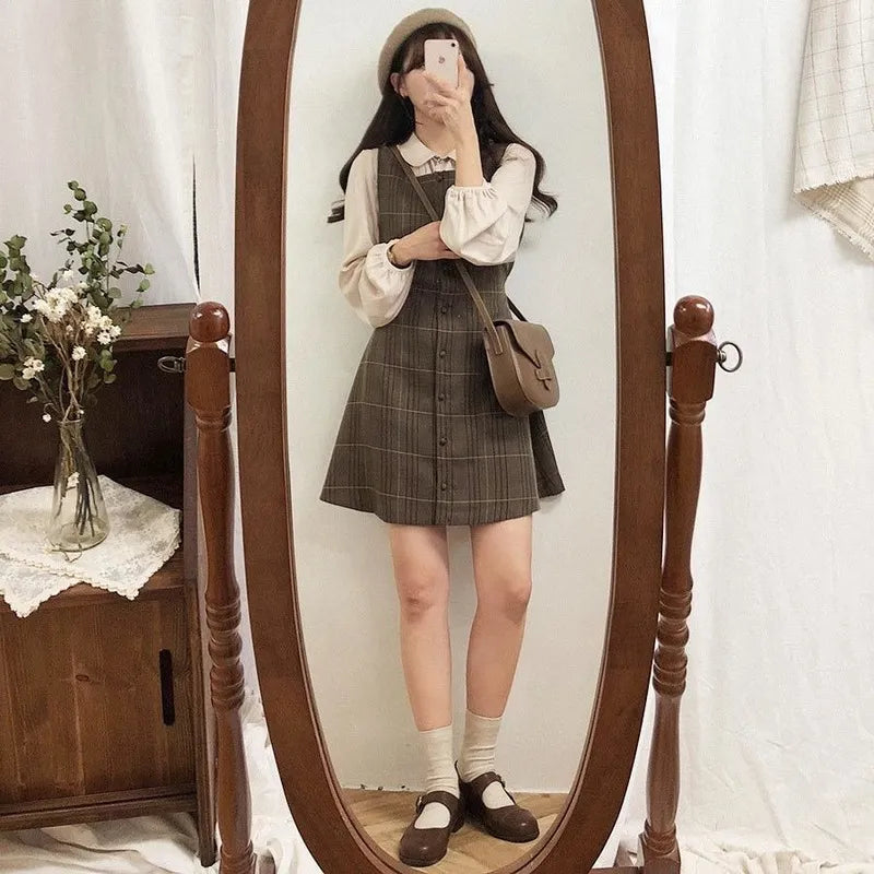 Soft Girl Kawaii Mini Dress Women Vintage Plaid Japanese Style Design Retro Button Short Dresses Casual Korean Chic