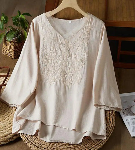Vintage Women Fashion Solid Embroidery Loose V-neck Temperament Short Sleeve Cotton T-shirt Summer Elegant Festival Tops Clothes