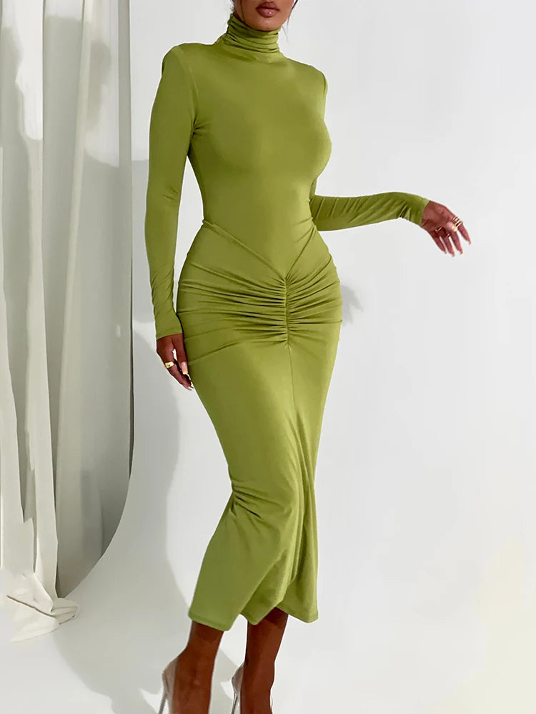 High Neck Long Sleeve Elastic Tight Dress For Women Folds Bodycon Wrap Hip Midi Dress Female Party Club Evening Dress