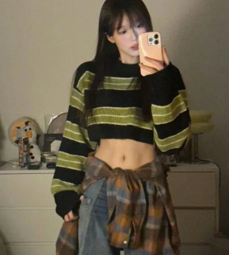 Y2k Sexy Girl Cropped Sweater Women Thin Loose Striped Pullover Korean Fashion Harajuku Streetwear Vintage Jumper Fairy Sueter