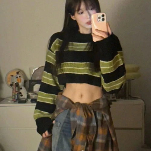 Load image into Gallery viewer, Y2k Sexy Girl Cropped Sweater Women Thin Loose Striped Pullover Korean Fashion Harajuku Streetwear Vintage Jumper Fairy Sueter
