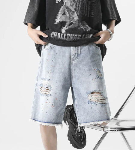 Men's Ripped Denim Shorts Solid Color Summer New Ragged Edge Tie Dyed Male High Street Short Pants Loose Trendy 2025 9W1355