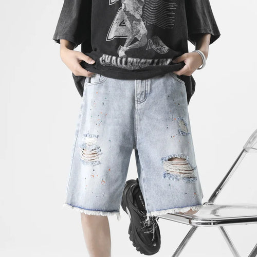 Load image into Gallery viewer, Men&#39;s Ripped Denim Shorts Solid Color Summer New Ragged Edge Tie Dyed Male High Street Short Pants Loose Trendy 2025 9W1355
