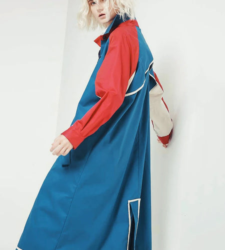 Women Blue Color-block Big Size Long Trench New Lapel Long Sleeve Loose Fit Windbreaker Fashion Spring Autumn 2025 1DE7767