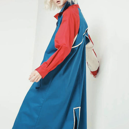 Load image into Gallery viewer, Women Blue Color-block Big Size Long Trench New Lapel Long Sleeve Loose Fit Windbreaker Fashion Spring Autumn 2025 1DE7767

