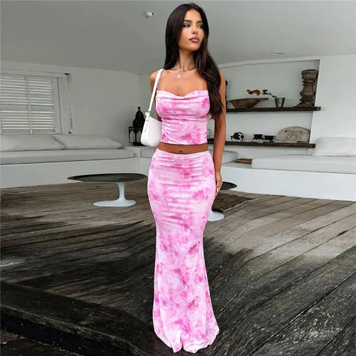 Load image into Gallery viewer, Strapless Print Sexy Two Piece Sets Women Spaghetti Strap Crop Tops And Maxi Skirt Female Elegant Printed 2 Piece Sets
