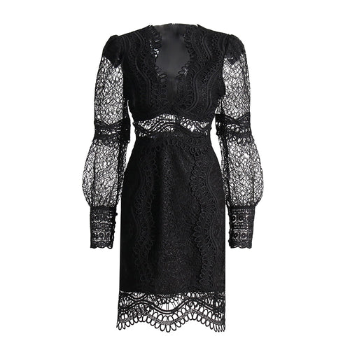 Load image into Gallery viewer, Cut Out Sexy Mini Dress For Women V Neck Long Sleeve High Waist Embroidery Lace Trim Dresses Female Clothing
