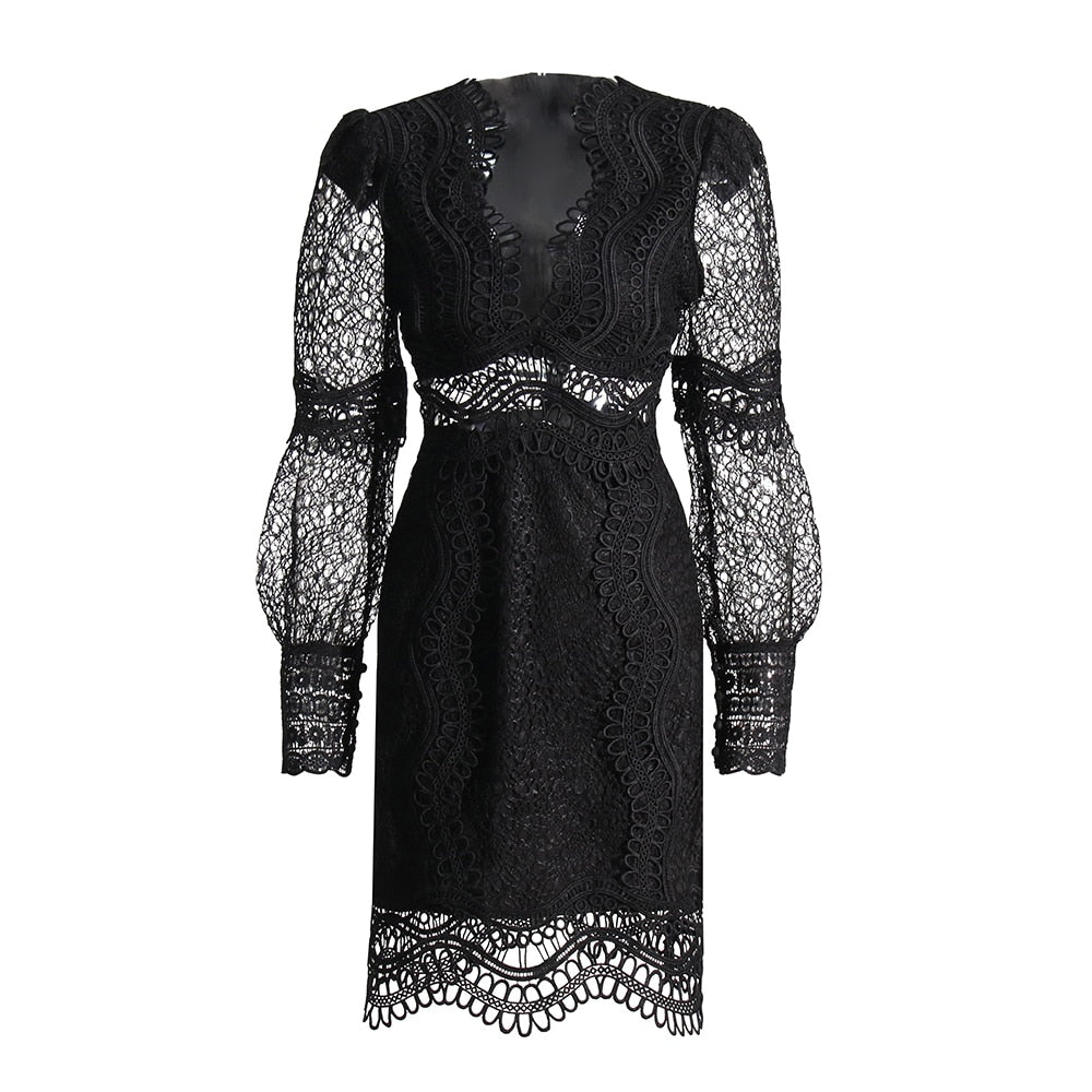 Cut Out Sexy Mini Dress For Women V Neck Long Sleeve High Waist Embroidery Lace Trim Dresses Female Clothing