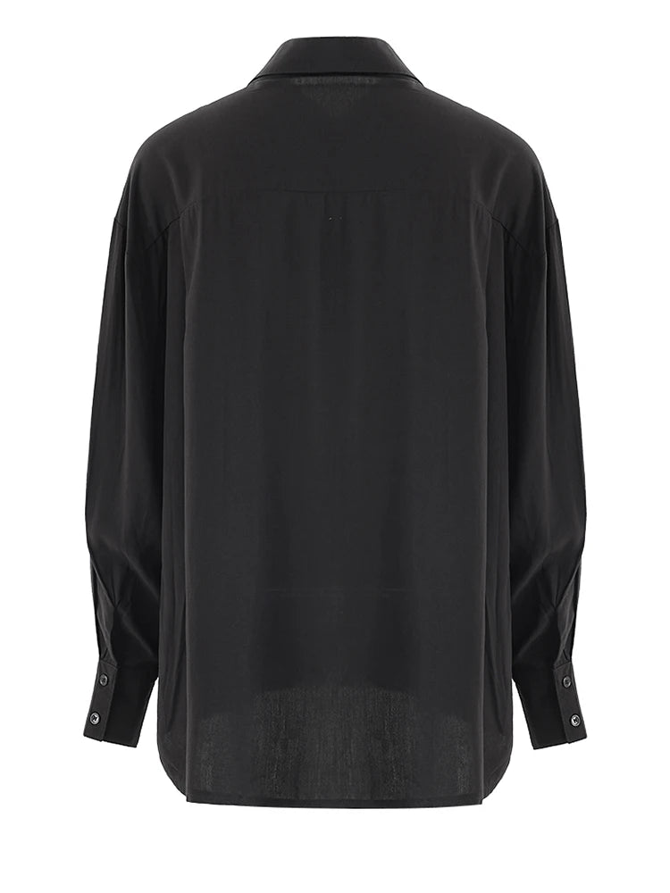 Women Black Pleated Pocket Big Size Casual Blouse New Lapel Long Sleeve Shirt Fashion Tide Spring Autumn 2025 CPG1905