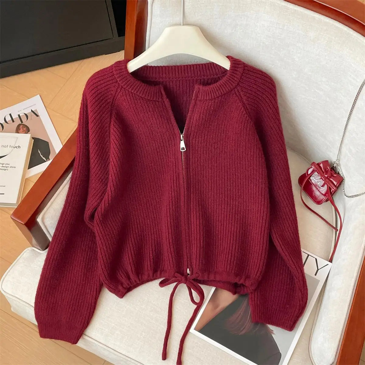 Korean Autumn Winter Beige Grey Long Sleeves Zipper Knit Sweater Women Red Drawstring Round Neck Versatile Short Cardigan Tops