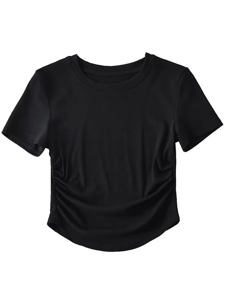 2024 Harajuku Women Crew Neck Short Sleeve Cotton Tee With Ruched Sides Detail T-shirts