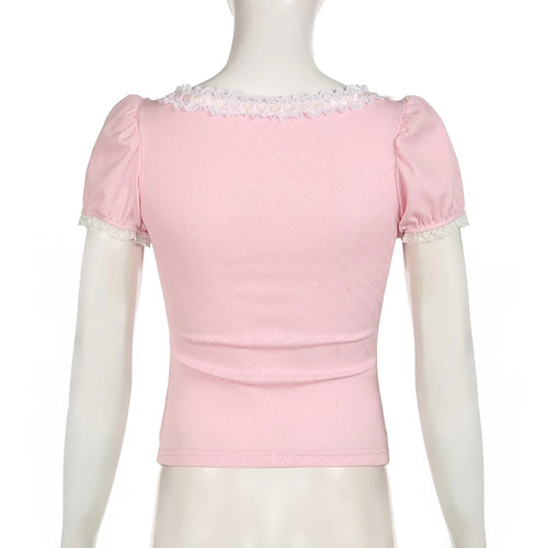 Load image into Gallery viewer, Korean Pink Cute Coquette Sweet Summer T-shirts Women Bow Lace Patched Slim Cropped Top Girls Cutecore Tees Clothing
