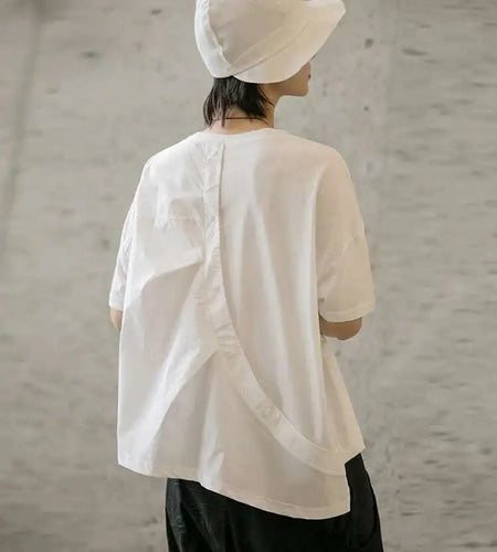 Women White Asymmetric Pockets Big Size Casual T-shirt New Round Neck Half Sleeve Fashion Tide Spring Autumn 2025 1DF5347