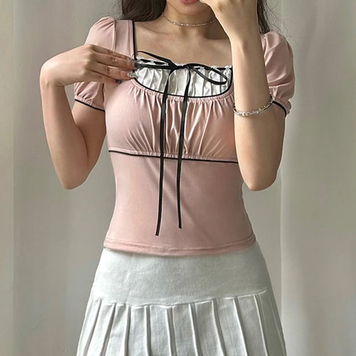 Load image into Gallery viewer, Sweet Y2K Aesthetic Folds Chic Summer Tee Shirts Women Bodycon Patched Tie-Up Bow Square Neck Short Top Kawaii Korean
