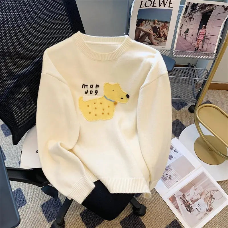 Sweet Beige Pink Puppy Embroidered Casual Sweaters Women Gray Round Neck Warm Long Sleeves Knit Pullover Tops Autumn Winter Chic