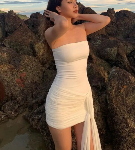 Sexy Strapless Double Layered Dress For Women Bodycon Pleated Backless Tight Dress Female Elegant Party Club Vestidos