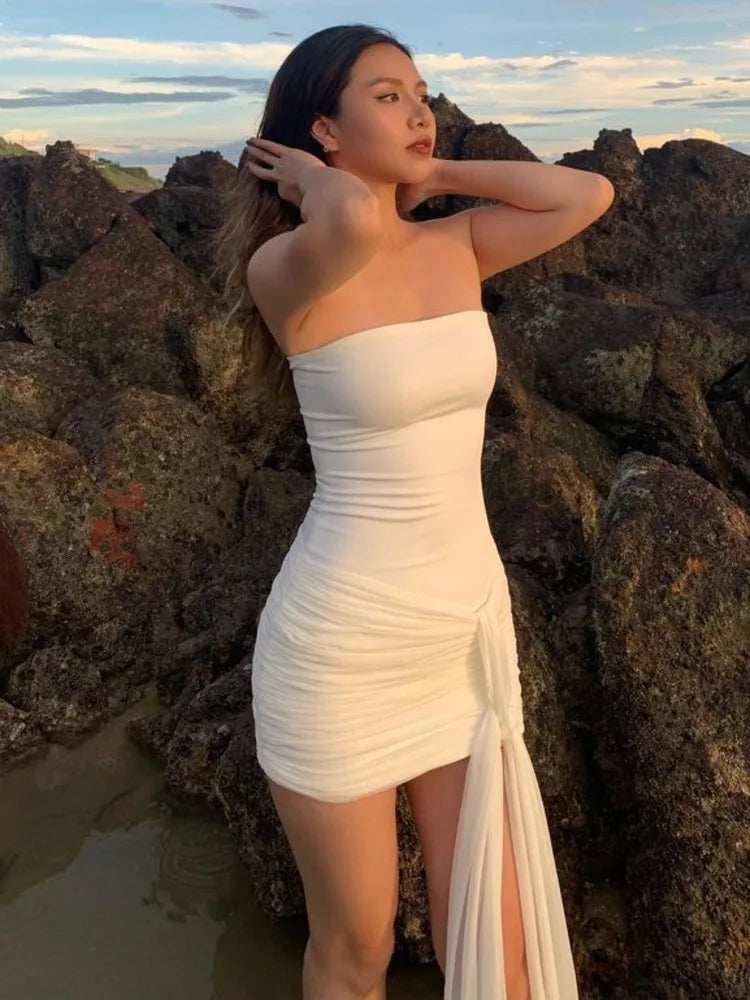 Sexy Strapless Double Layered Dress For Women Bodycon Pleated Backless Tight Dress Female Elegant Party Club Vestidos