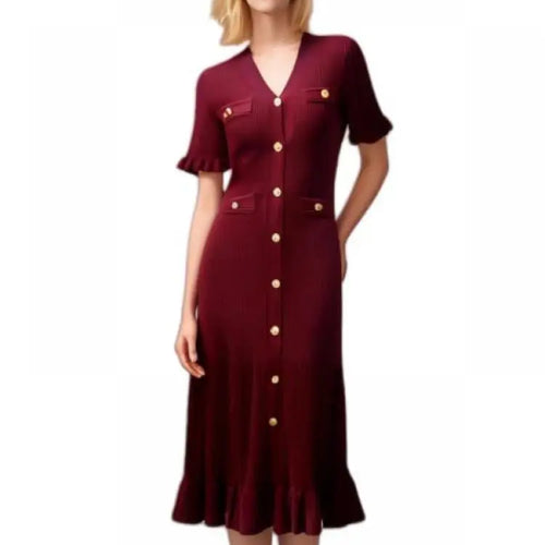 Load image into Gallery viewer, Women Solid V Neck Ruffles Edge Knitted Single Breasted Dress Fashion Spring Summer Short Sleeves Festival Long Dress Simplicity

