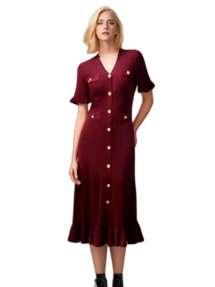 Women Solid V Neck Ruffles Edge Knitted Single Breasted Dress Fashion Spring Summer Short Sleeves Festival Long Dress Simplicity