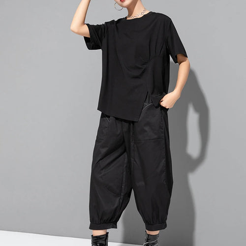 Load image into Gallery viewer, Women Black Irregular Hem Big Size Casual T-shirt New Round Neck Short Sleeve Fashion Tide Spring Summer 2025 1DJ1770
