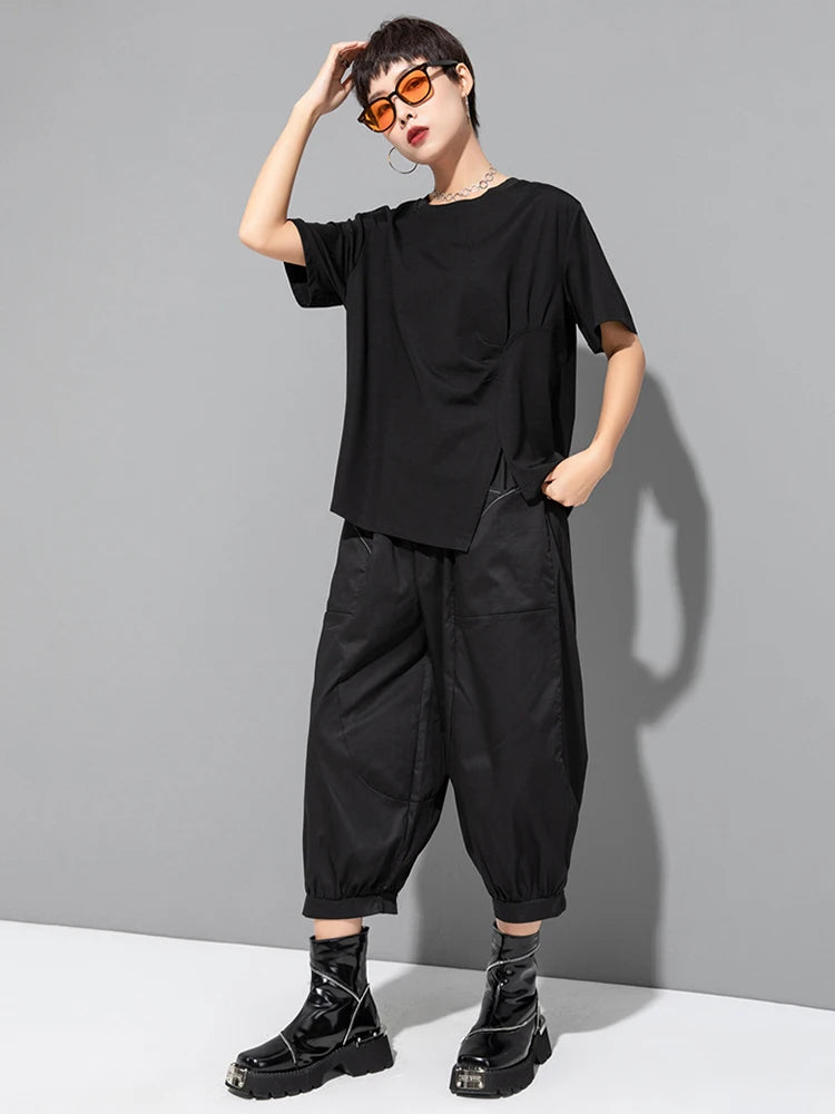 Women Black Irregular Hem Big Size Casual T-shirt New Round Neck Short Sleeve Fashion Tide Spring Summer 2025 1DJ1770