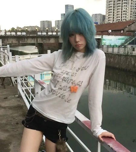 Japanese Y2k Letter Print T-shirt Trashy 2000s Style Long Sleeve T Shirt Vintage Harajuku Distressed Tops American Retro