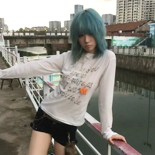 Japanese Y2k Letter Print T-shirt Trashy 2000s Style Long Sleeve T Shirt Vintage Harajuku Distressed Tops American Retro