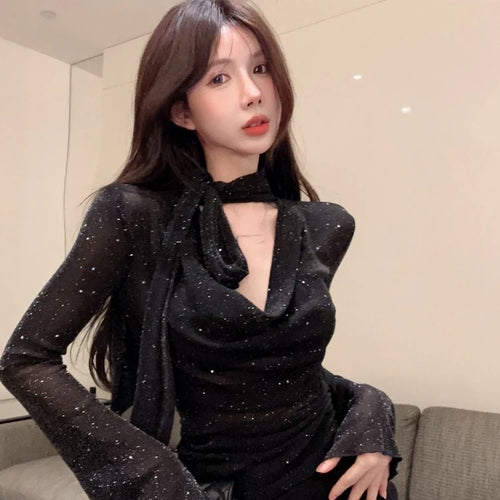 Load image into Gallery viewer, See Through Fashion V Neck Long Sleeve Tees Y2k Aesthetic Elegant Chic Women T-shirts Korean Slim Streetwear All Match Tshirts
