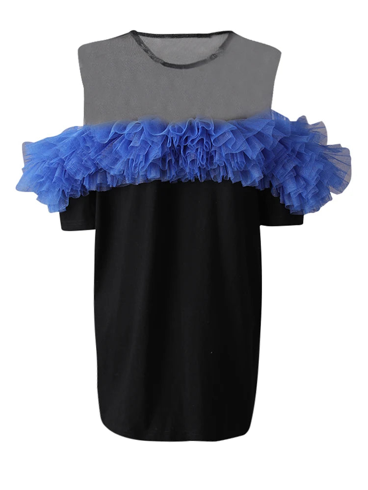 Women Black Mesh Perspective Ruffles Big Size Long T-shirt New Round Neck Short Sleeve Fashion Spring Summer 2025 CPG3036