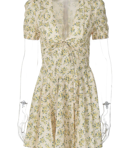 Floral Print V Neck Short Sleeve Lace Up Zip Up Sexy Slim Pleated Mini Dress Summer Elegant Outfits Party Vacation