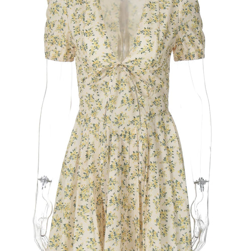 Load image into Gallery viewer, Floral Print V Neck Short Sleeve Lace Up Zip Up Sexy Slim Pleated Mini Dress Summer Elegant Outfits Party Vacation
