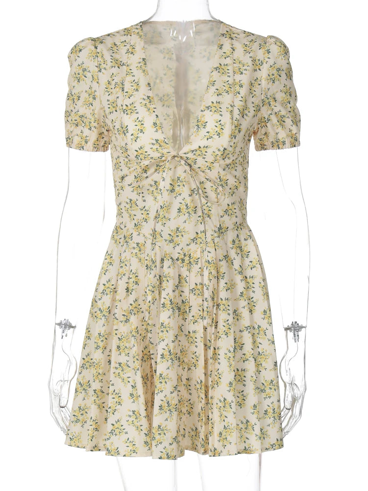 Floral Print V Neck Short Sleeve Lace Up Zip Up Sexy Slim Pleated Mini Dress Summer Elegant Outfits Party Vacation
