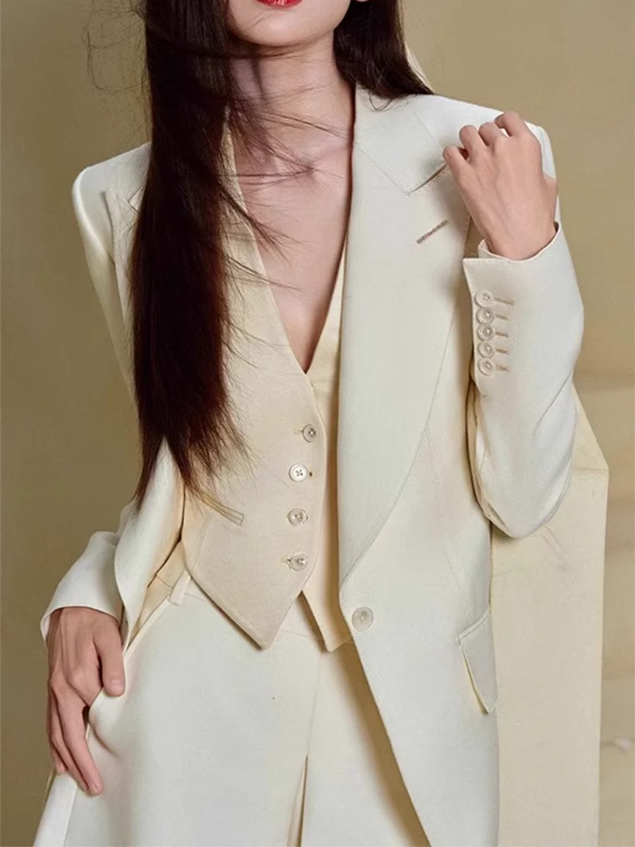 Solid Three Piece Set For Women Lapel Long Sleeve Coat V Neck Sleeveless Vest High Waist Shorts Chic Sets Female