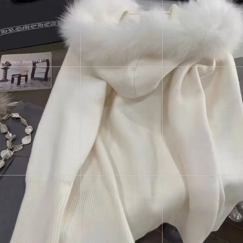 Load image into Gallery viewer, French Vintage Women White Elegant Hooded Short Knit Cardigan Autumn Winter Long Sleeve Festival Zipper Sweaters 2024 Versatile
