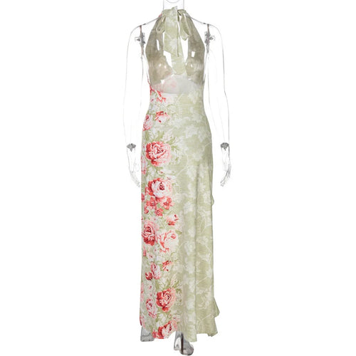 Load image into Gallery viewer, Halter Backless Print Sexy Maxi Dress Women Deep V Neck Sleeveless Thigh High Split Ruffled Sexy Club Beach Long Dress
