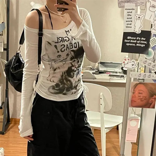 Load image into Gallery viewer, Ropa Mujer Sexy T Shirts Women's Clothing Long Sleeve Off Shoulder Cat Print Tees Drawstring Fashion Casual Tshirt Y2k Tops
