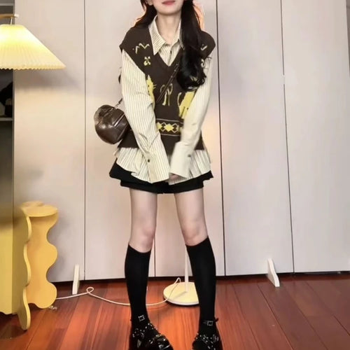 Load image into Gallery viewer, Preppy Style Sleeveless Sweater Vest Casual Vintage V-neck Pullovers Y2k Aesthetic Women Streetwear Cartoon Knitwear Waistcoat
