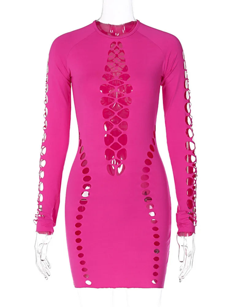 Black Hollow Out Sexy Mini Dress For Women 2023 Spring New O Neck Full Sleeve Bodycon Club Party Short Dress Vestido